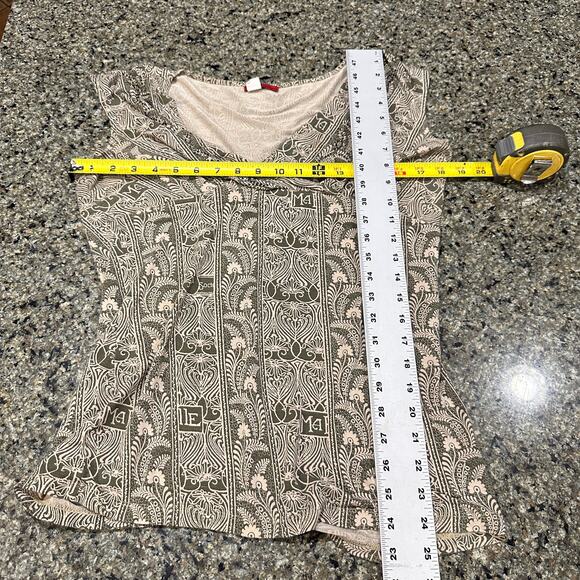 TapeMeasure Womens Top Size L Green Paisley All Over Print Beaded Boho STAIN - Picture 5 of 8